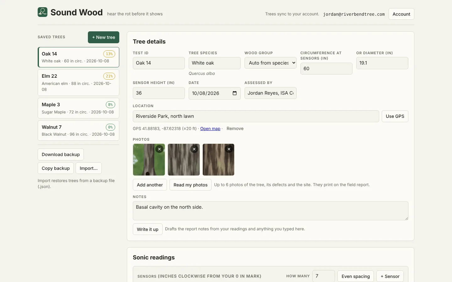 Sound Wood on a computer, with saved trees, tree details and sonic readings