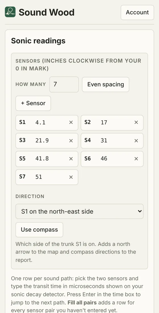 Sensor positions with the direction S1 faces and a Use compass button