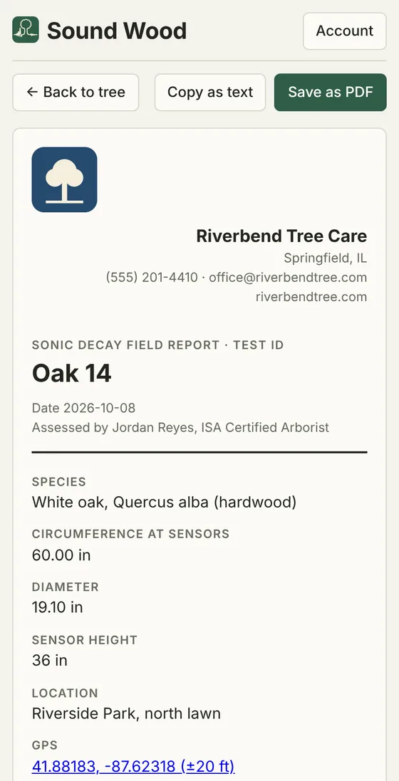 Field report with a tree care company's logo and contact details at the top