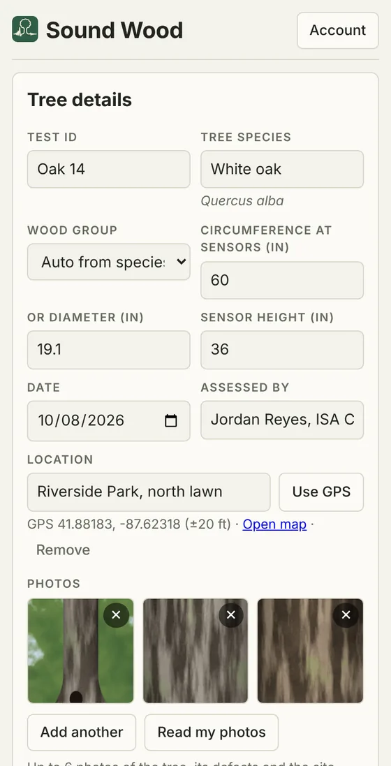 Tree details screen with species, circumference, date and assessor